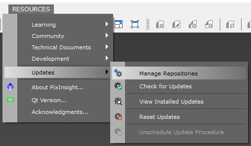 PixInsight menu: RESOURCES submenu Updates submenu Manage Repositories